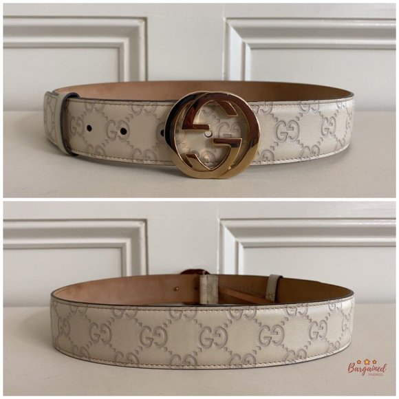 Authentic Gucci Cream Guccissima Leather Gold Interlocking G Buckle Belt 80/32 - Picture 5 of 13
